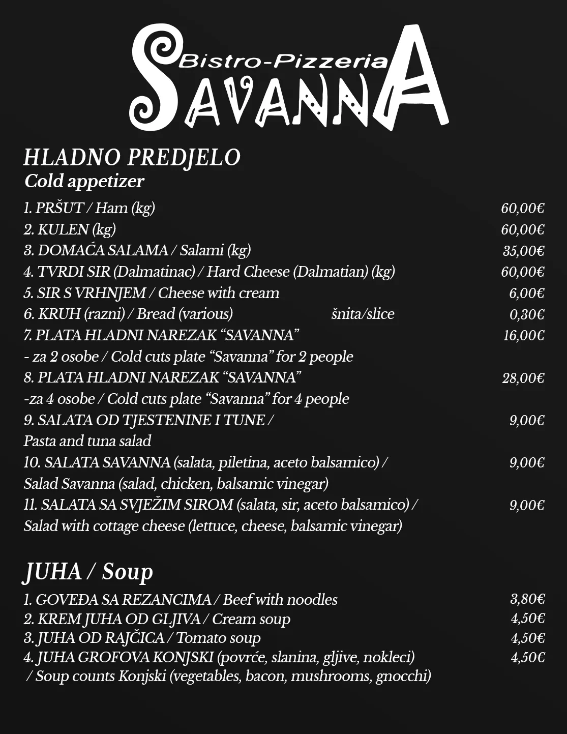 Bistro i Pizzeria Savanna Konjščina Jelovnik
